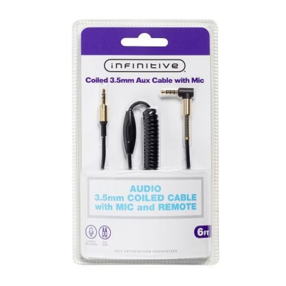 New Infinitive Coiled 3.5 mm Aux Cable with Mic and Remote New 6ft.  Sealed NIP